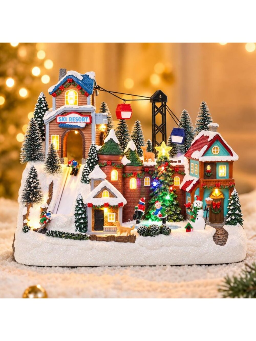 Animated Christmas Village Houses with Ski Lift,Ski Slope,Ice Rink